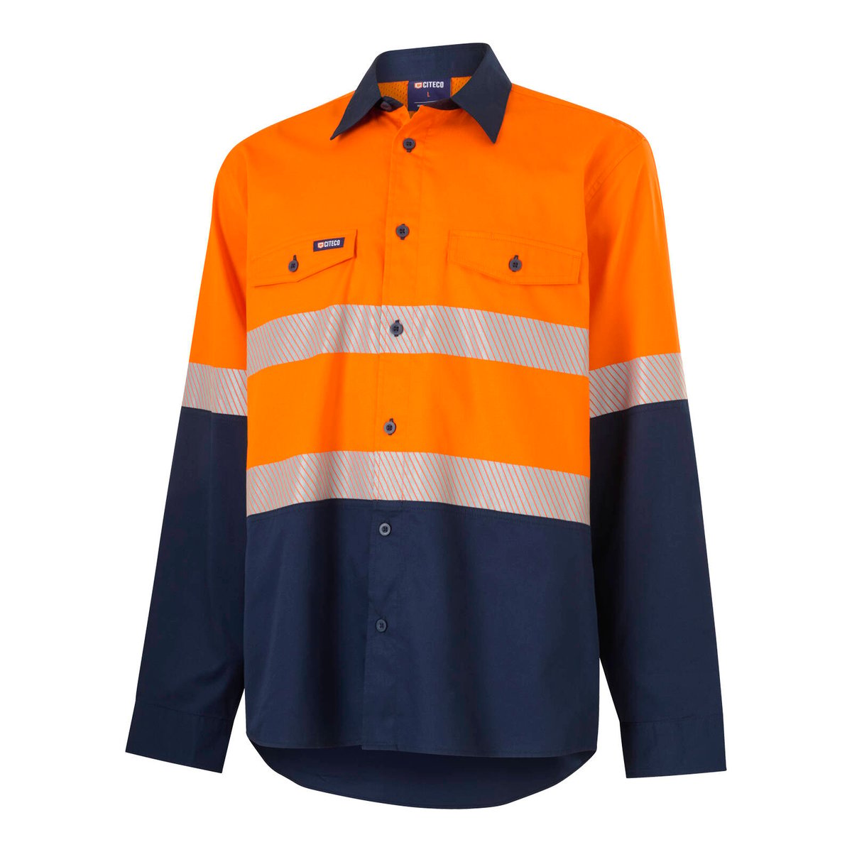 Citeco Men's Hi Vis Taped Long Sleeve Shirt Orange/Navy Size S - 100% Cotton