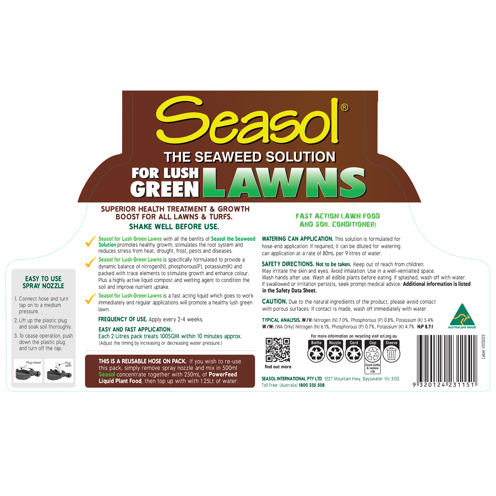 Seasol 2 x 2L Ready To Use Lawn Fertiliser Twin Pack with Wetting Agent, Covers 200sqm
