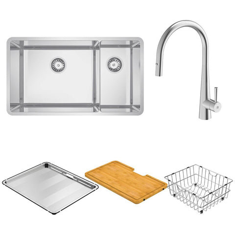 Abey Lucia 1 and 3/4 Bowl Sink Pack - Croma Finish, 5 Star WELS Pull Out Tap - LUA221TPK