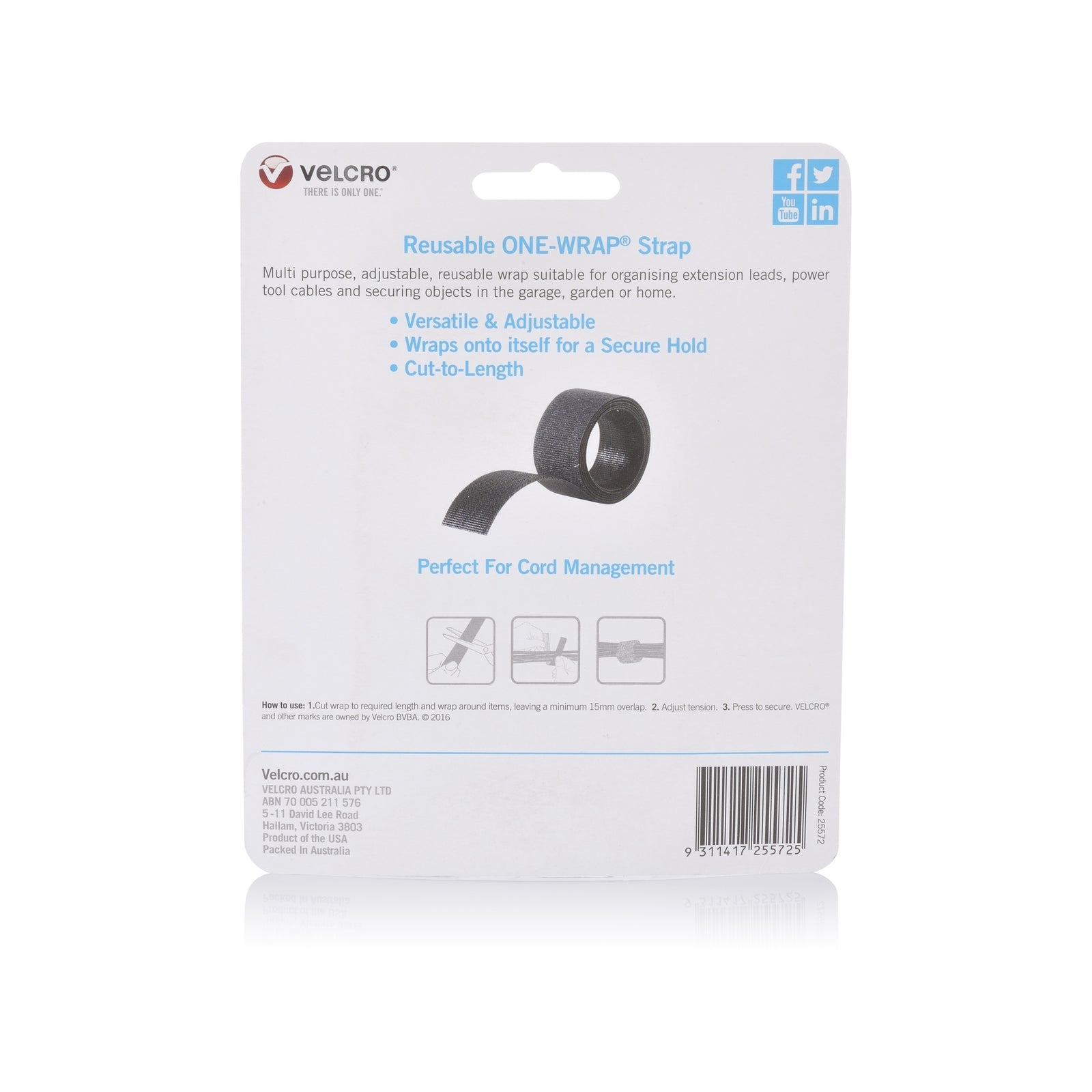 Velcro Brand Reusable Wrap, 25mm x 2m, Black, Hook and Loop, Indoor