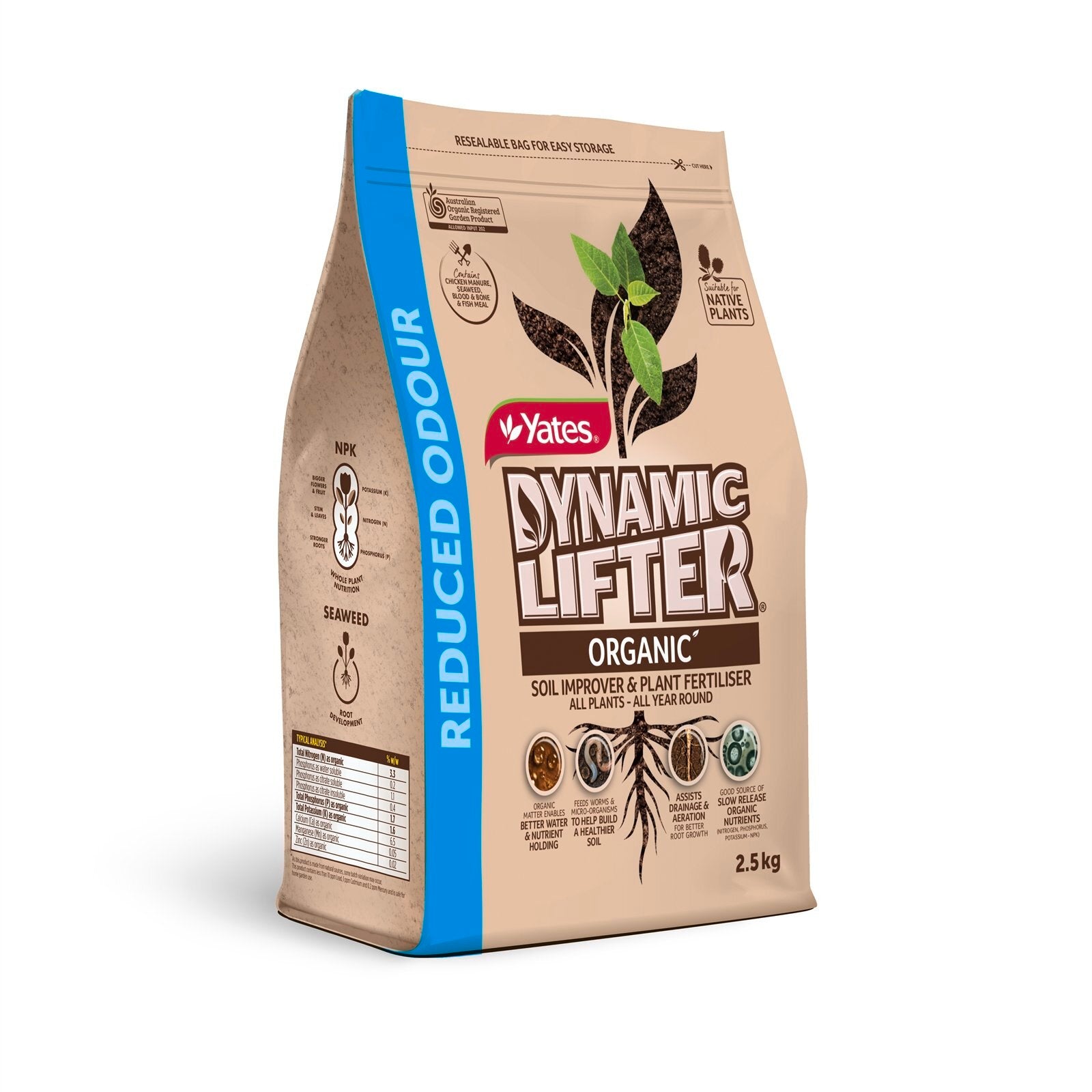 Yates Dynamic Lifter Reduced Odour Soil Improver and Plant Fertiliser 2.5kg - Organic Pellets