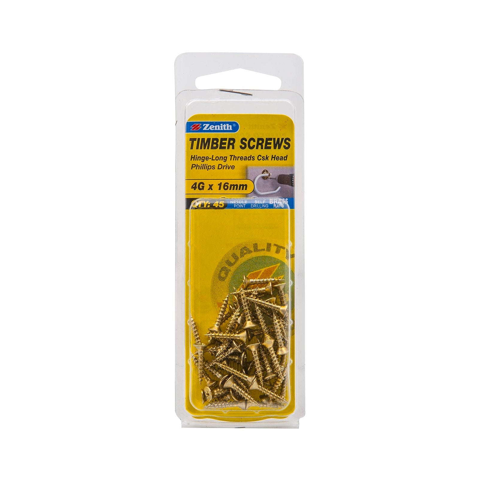 Zenith 4G x 16mm Brass Plated Hinge-Long Thread Countersunk Timber Screws, 45 Pack