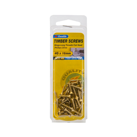 Zenith 4G x 16mm Brass Plated Hinge-Long Thread Countersunk Timber Screws, 45 Pack