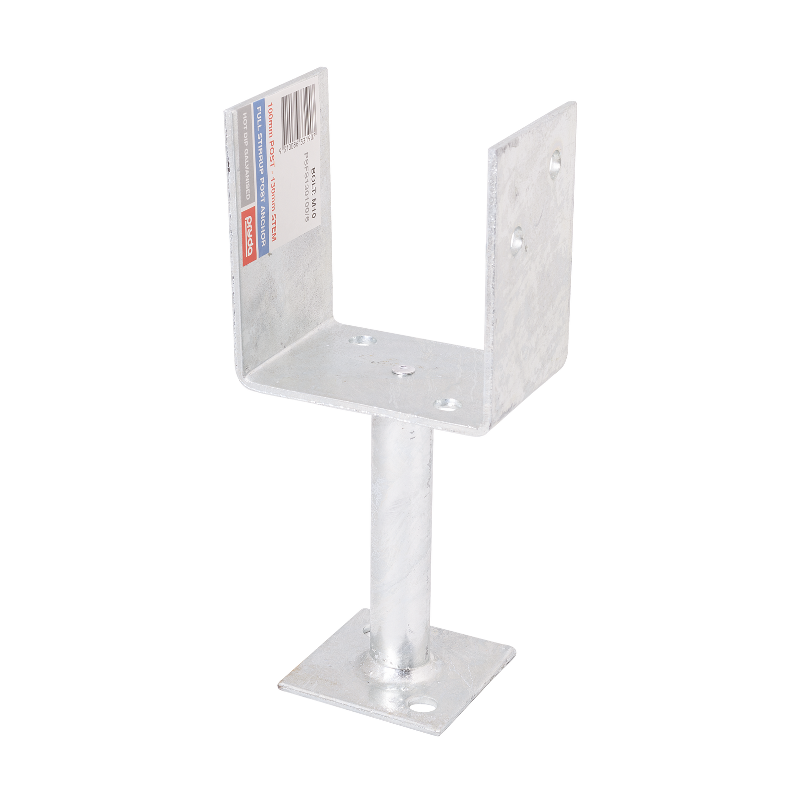Pryda 130 x 100mm M10 Full Stirrup Galvanised Steel Bolt Down Post Anchor