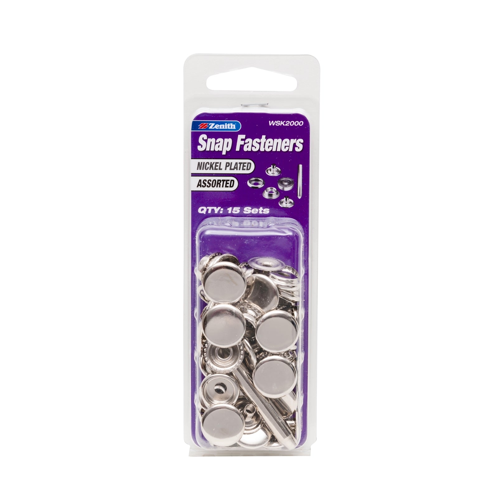 Zenith Assorted Nickel Plated Brass Snap Fasteners, 15 Sets