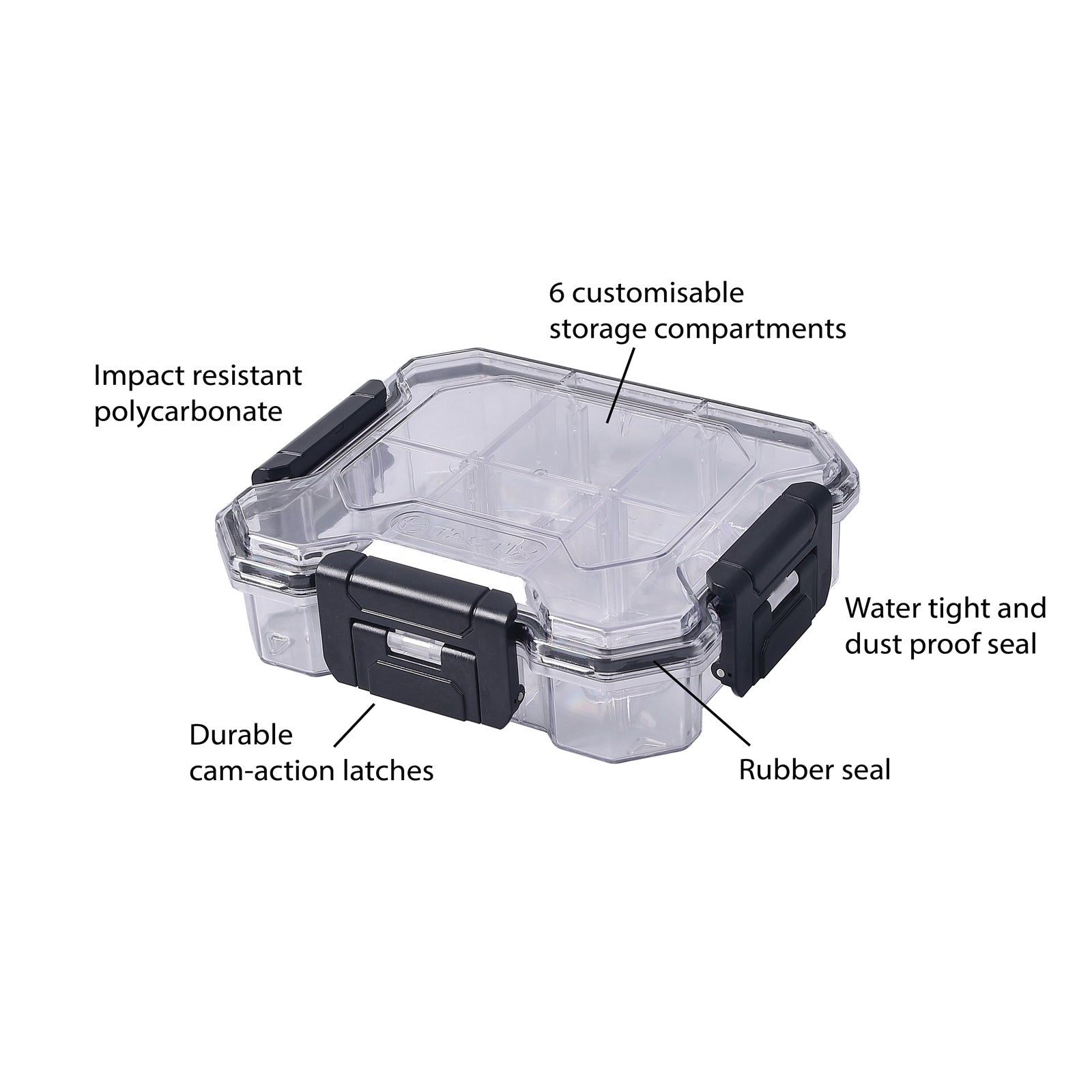 Tactix 6 Compartment Waterproof Storage Box Transparent Polycarbonate Stackable 18 x 16.5cm