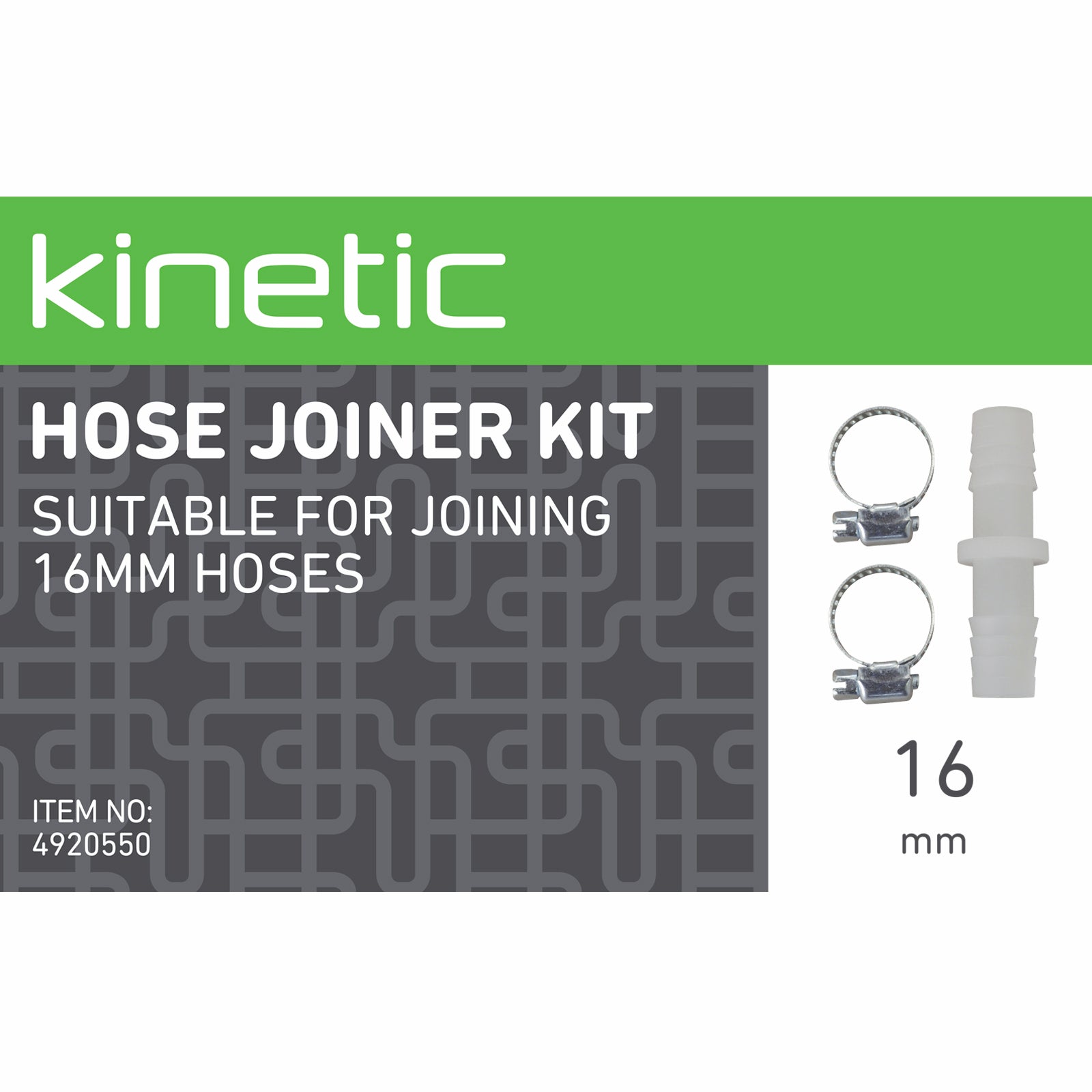 Kinetic 16mm Hose Joiner Kit, Polypropylene and Carbon Steel for Garden Irrigation