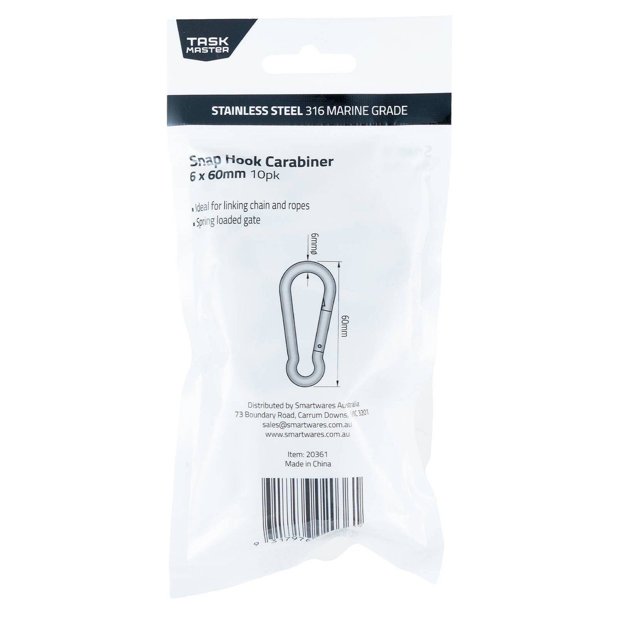 Taskmaster 316 Stainless Steel Snap Hook 10 Pack - 6 x 60mm - Durable Rigging - SuperSaverAU - view 3