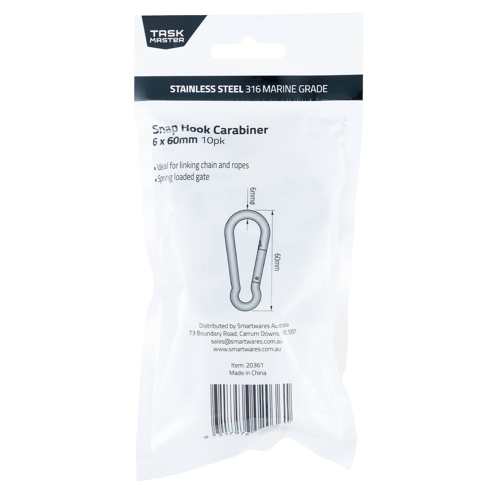 Taskmaster 6 x 60mm 316 Stainless Steel Snap Hook - 10 Pack