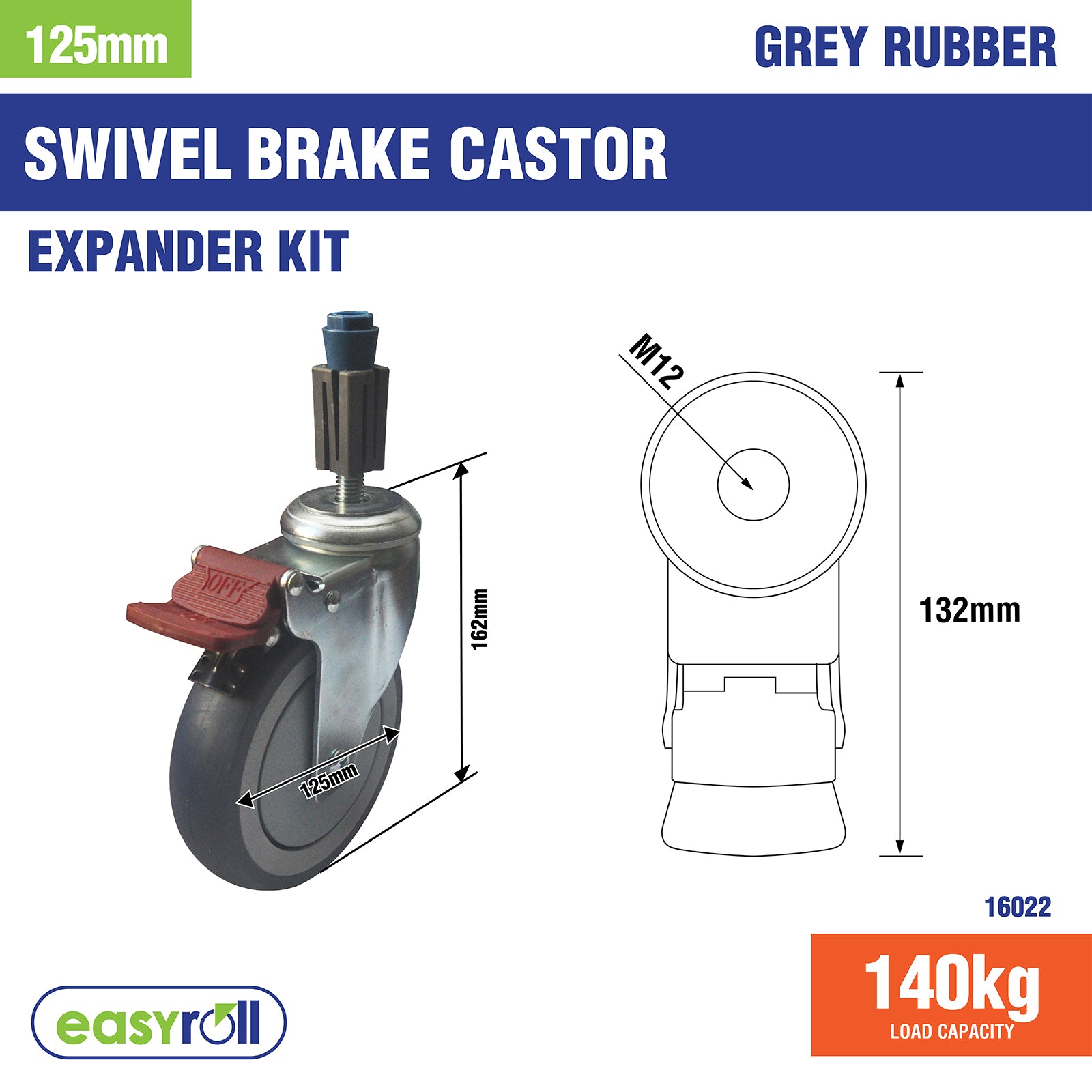 Easyroll 125mm 140kg Grey Rubber Castor Xpan Kit with Brake