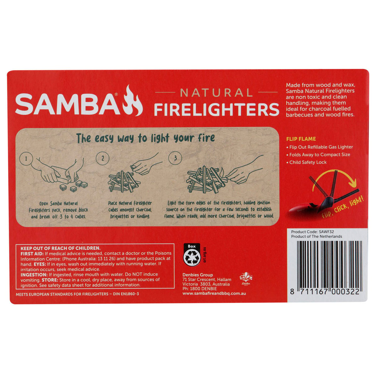 Samba Natural Firelighters 32 Pack Wood and Wax Odourless BBQ Fire Starters