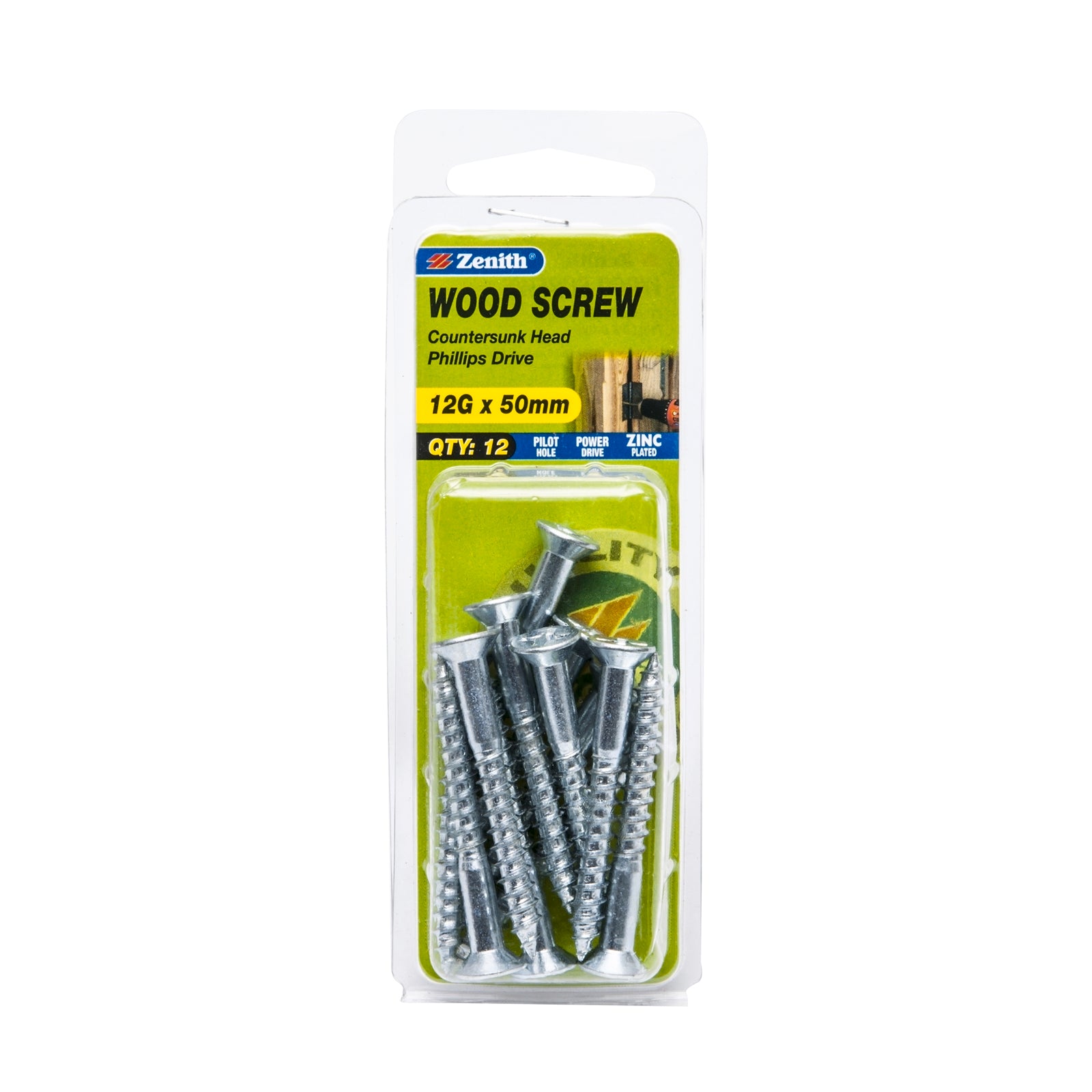 Zenith 12G x 50mm Zinc Plated Countersunk Wood Screws - 12 Pack