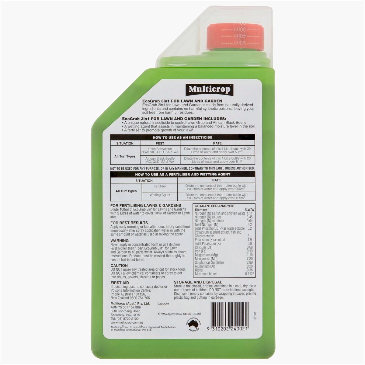 Multicrop EcoGrub - 1L - Plastic Bottle - Insecticide for Lawns - SuperSaverAU - view 2