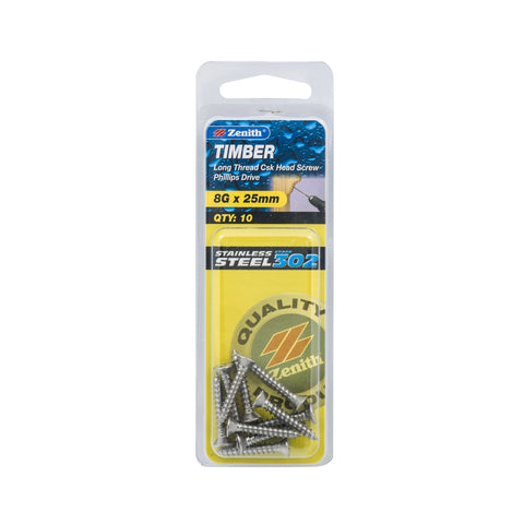 Zenith 8G x 25mm 302 Stainless Steel Countersunk Long Thread Timber Screws - 10 Pack