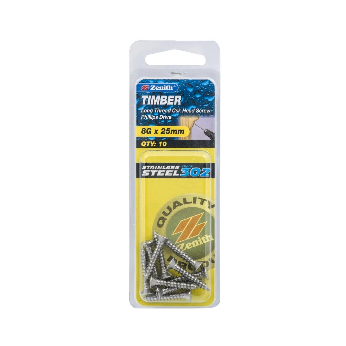 Zenith 8G x 25mm 302 Stainless Steel Countersunk Long Thread Timber Screws - 10 Pack