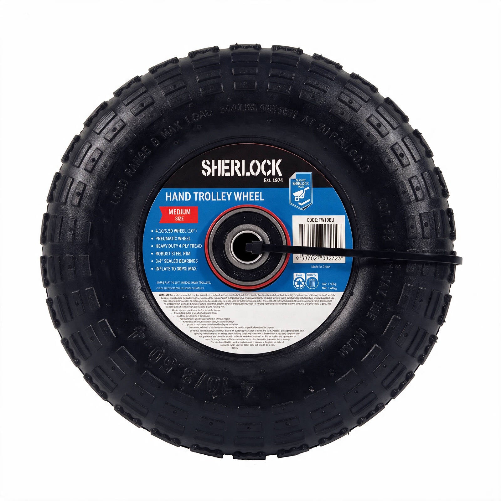 Sherlock Medium Trolley Wheel Assembly, 4.10/3.5-4, Steel Rim, 4 Ply Pneumatic Rubber Tyre
