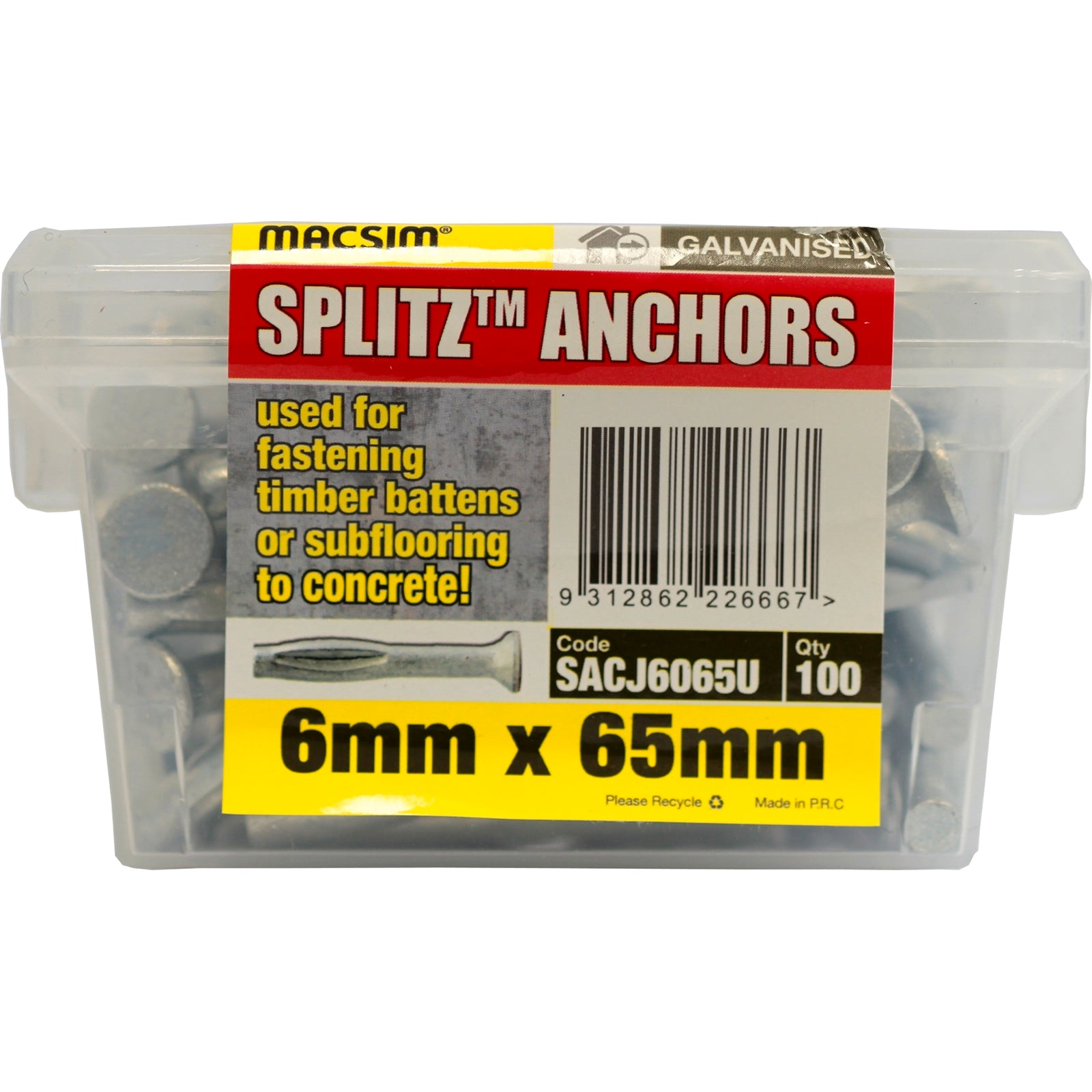 Macsim 6 x 65mm Galvanised Steel Countersunk Masonry Splitz Anchor - 100 Pack