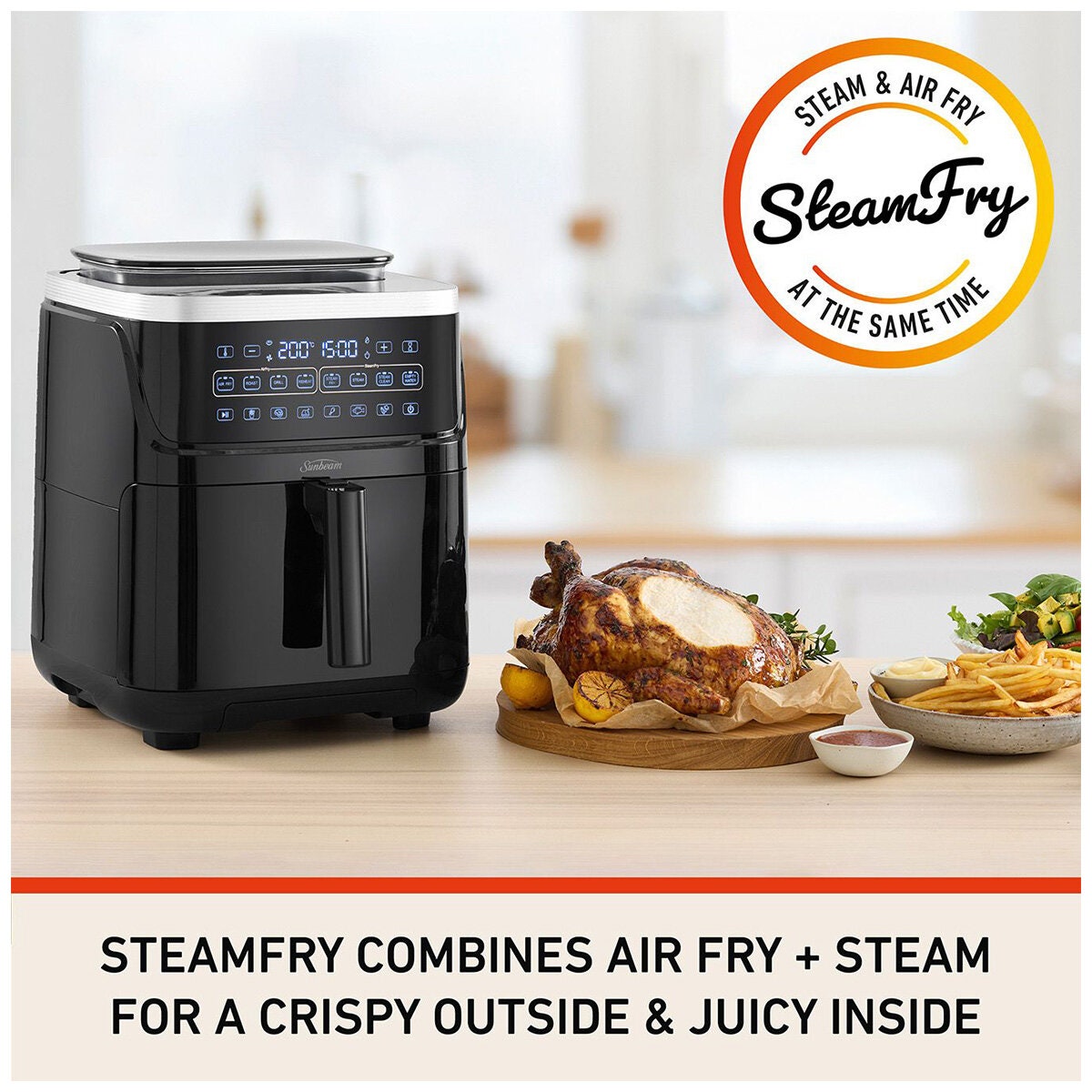 Sunbeam SteamFry 7L Air Fryer and Steamer - Five Functions, Removable Water Tank - AFP4600BK