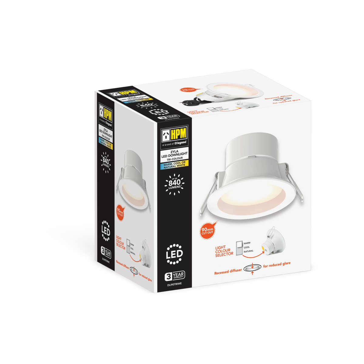 HPM DLI 90mm Colour Changing LED Downlight, 7W 840lm Dimmable White DLI90TRIWE