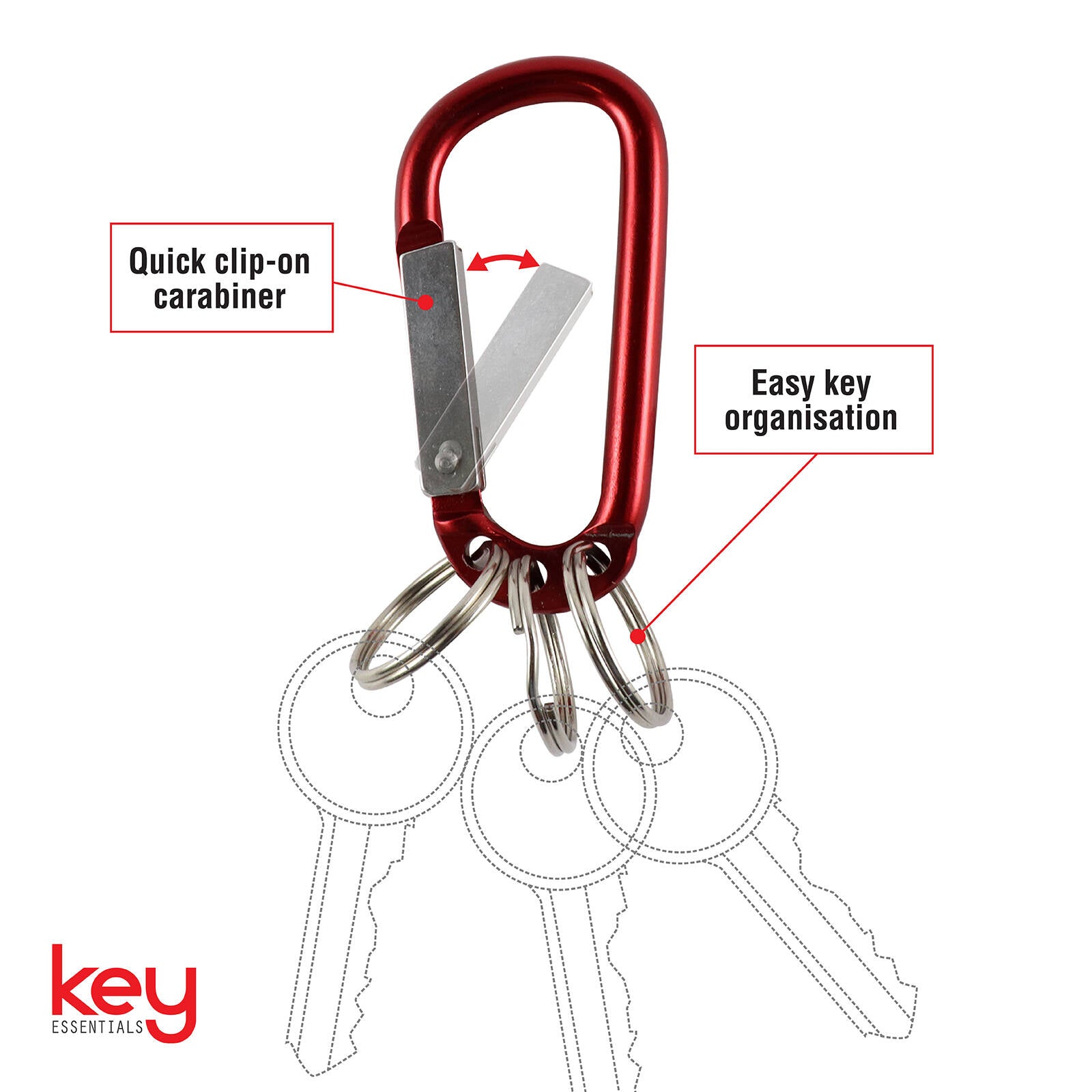 Key Essentials Key Ring Carabiner with 3 Key Rings 38mm Steel Assorted