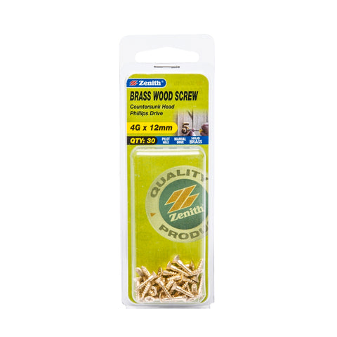 Zenith 4G x 12mm Brass Countersunk Wood Screws - 30 Pack