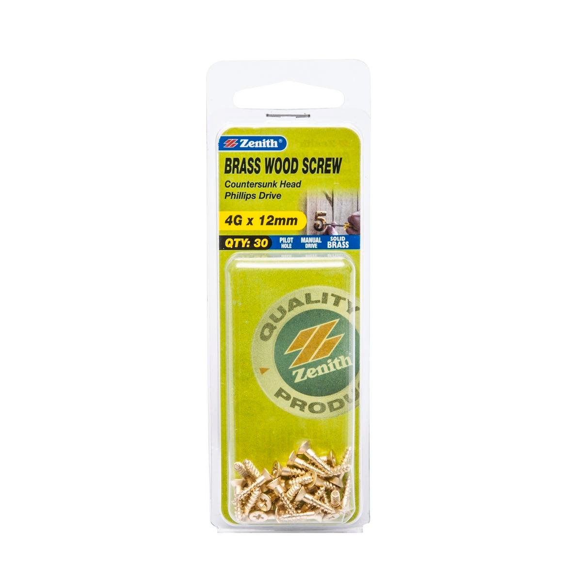 Zenith 4G x 12mm Brass Countersunk Wood Screws - 30 Pack