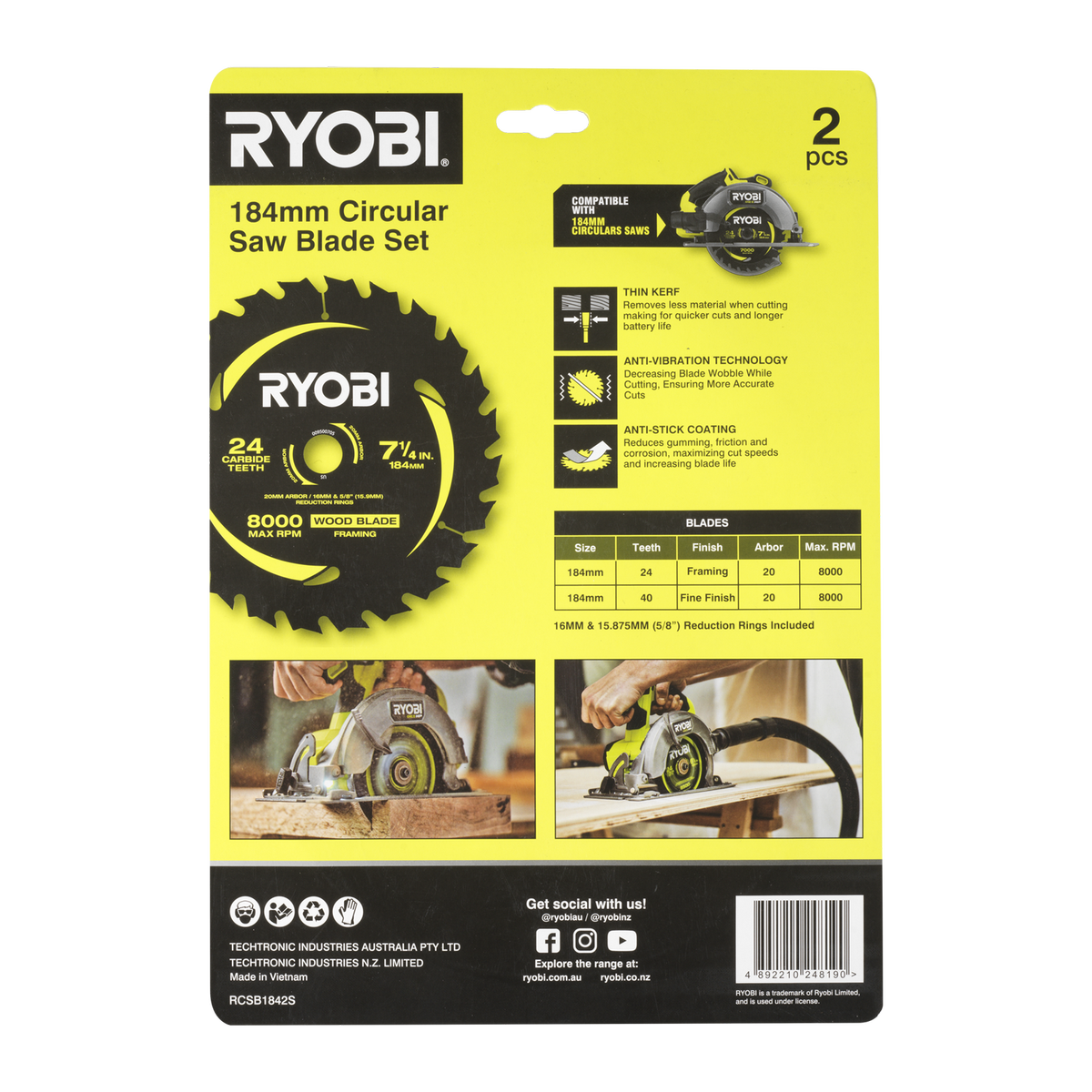 Ryobi Circular Saw Blade 2 Pack - 184mm 24T & 40T - Anti-Stick Coating - SuperSaverAU - view 5