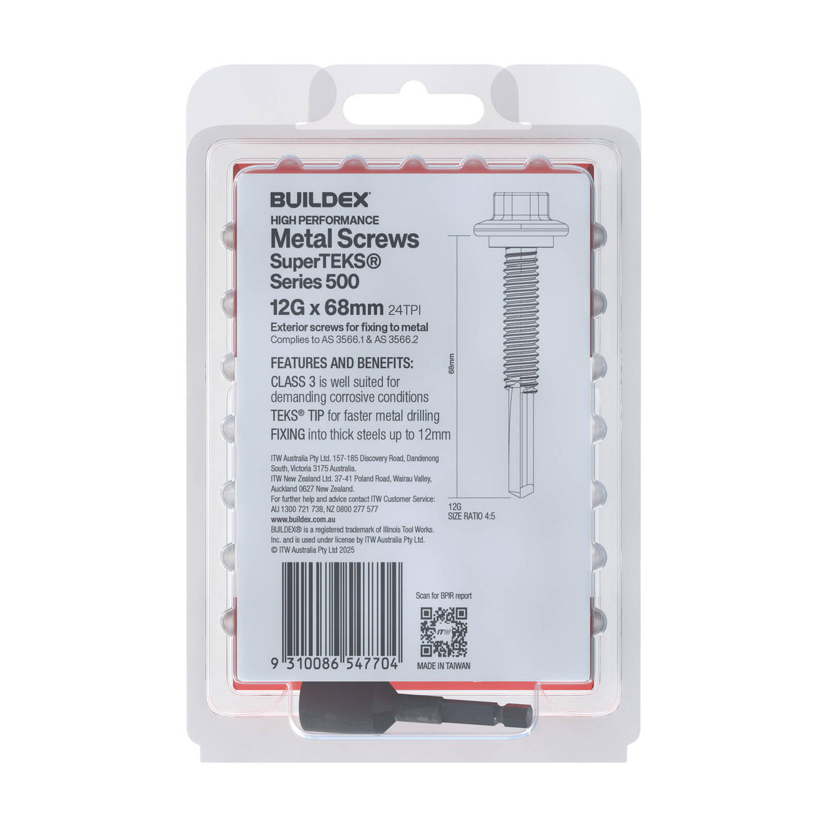 Buildex 12G x 68mm Class 3 Galvanised SuperTEKS Hex Head Self-Drilling Screws, 50 Pack