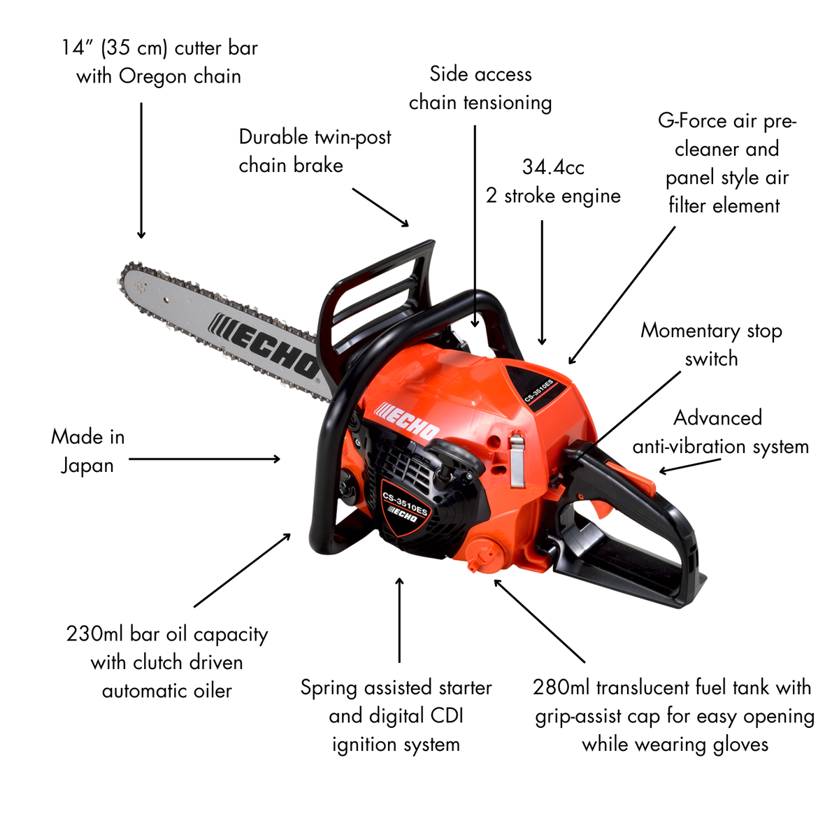 ECHO 350mm 34.4cc 2-Stroke Petrol Chainsaw, 14" Bar, Chain Brake, Orange CS-3510ES