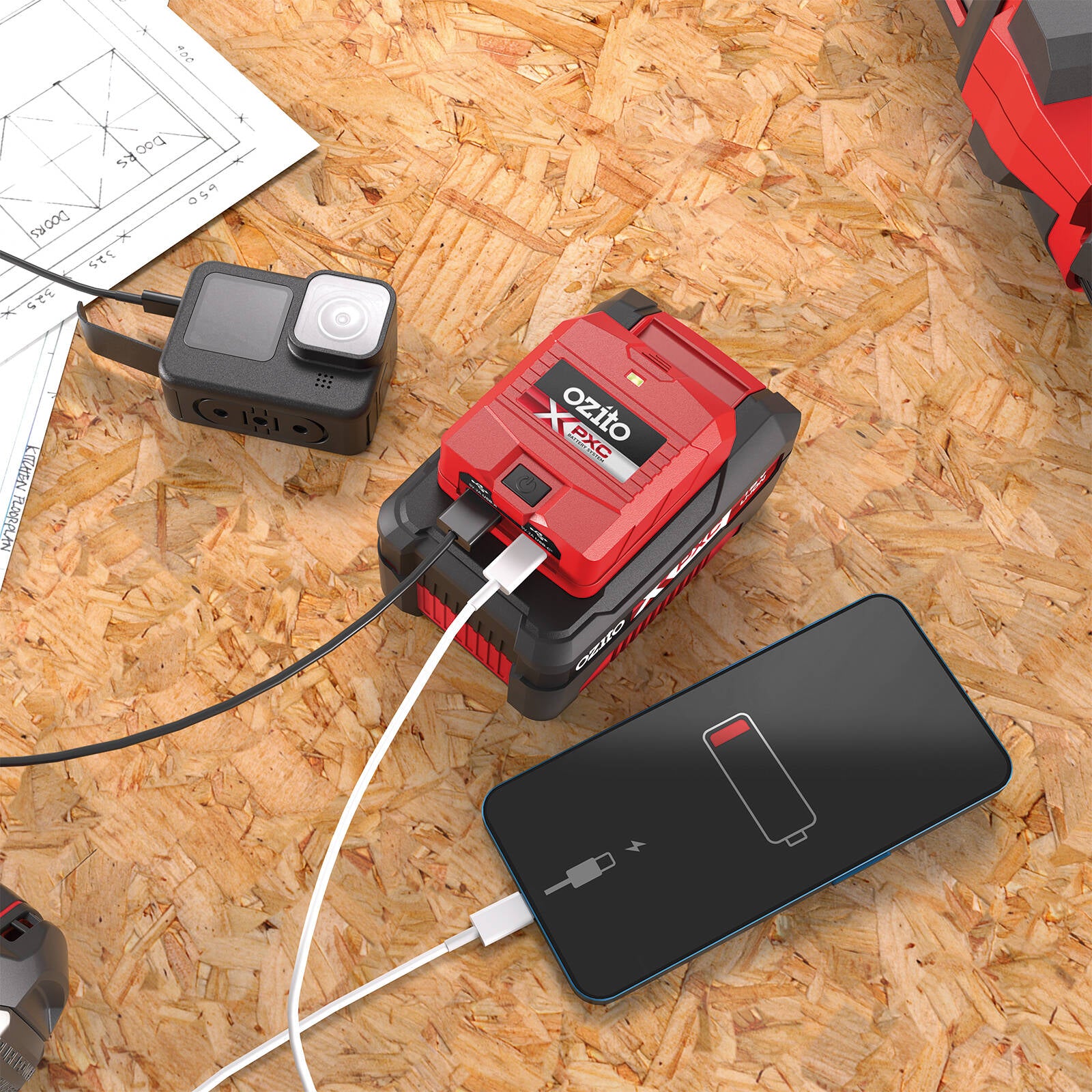 Ozito PXC 18V USB Power Source, 2A Output, USB-A & USB-C, PXCG-USBC