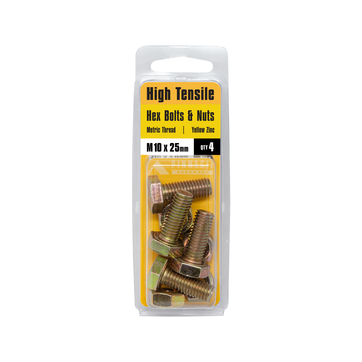 Pinnacle M10 x 25mm Yellow Zinc Hi-Tensile Hex Bolt and Nut - 4 Pack