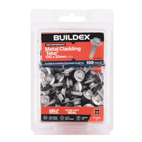 Buildex 12G x 20mm Class 4 Metal Cladding Hex Head TEKS Screws with Seal, 100 Pack