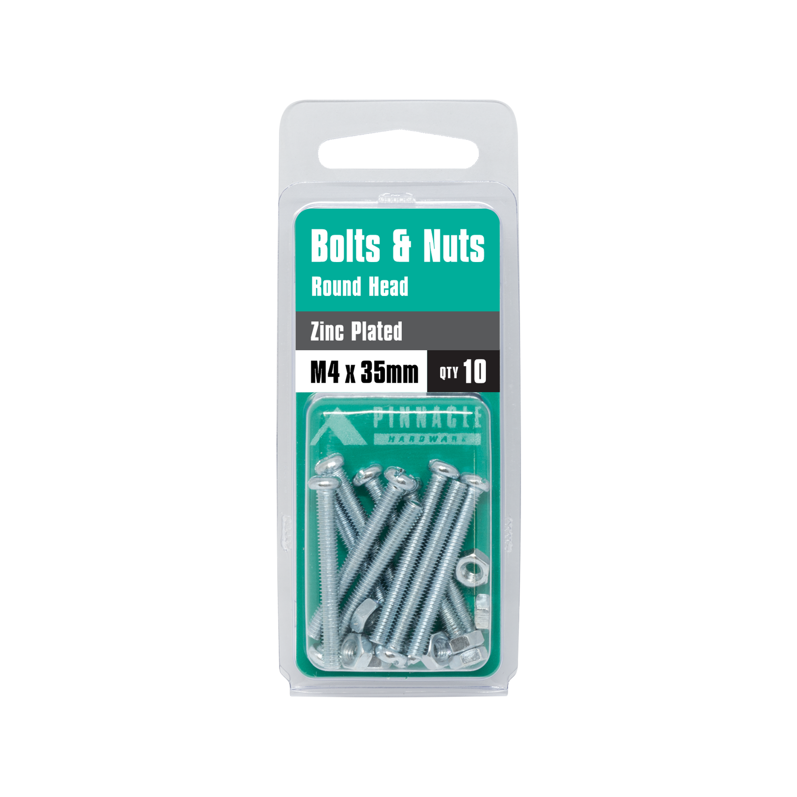 Pinnacle M4 x 35mm Zinc Plated Round Head Bolts and Nuts - 10 Pack