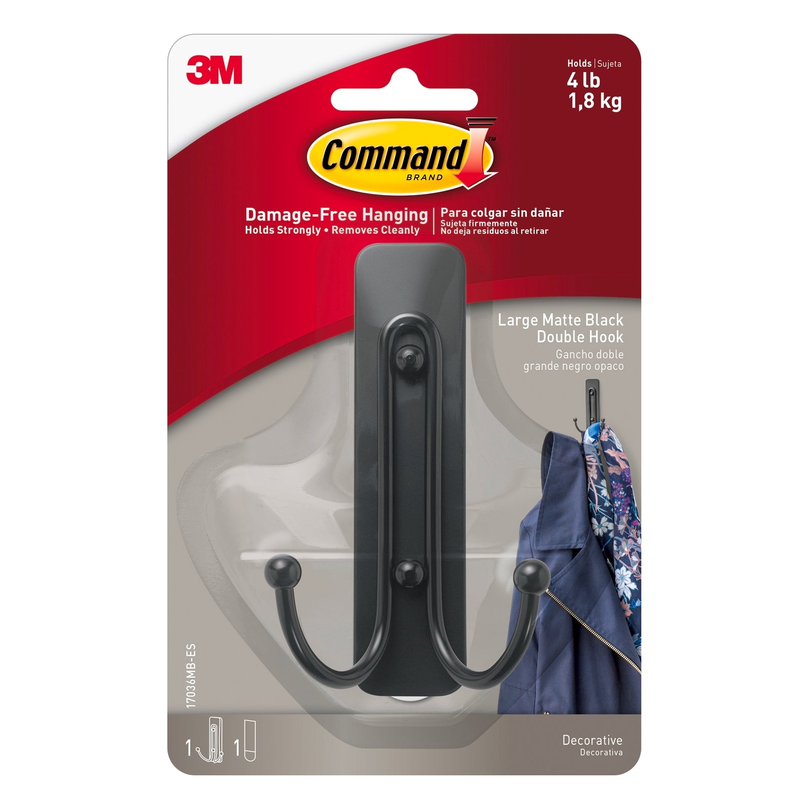 Command Large Matte Black Double Hook Plastic Adhesive 1 Pack
