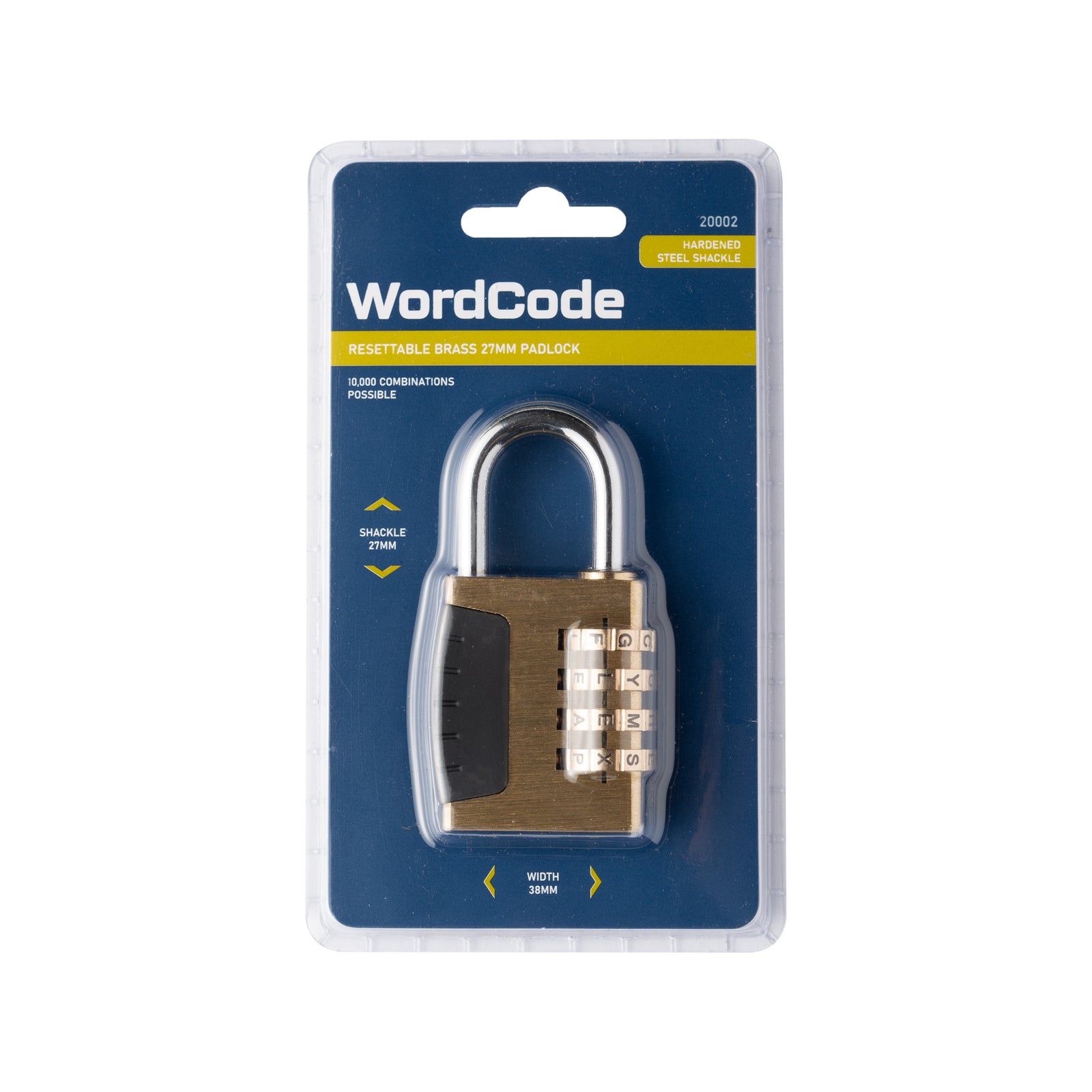 Wordcode 38mm Brass 4 Dial Resettable Combination Padlock