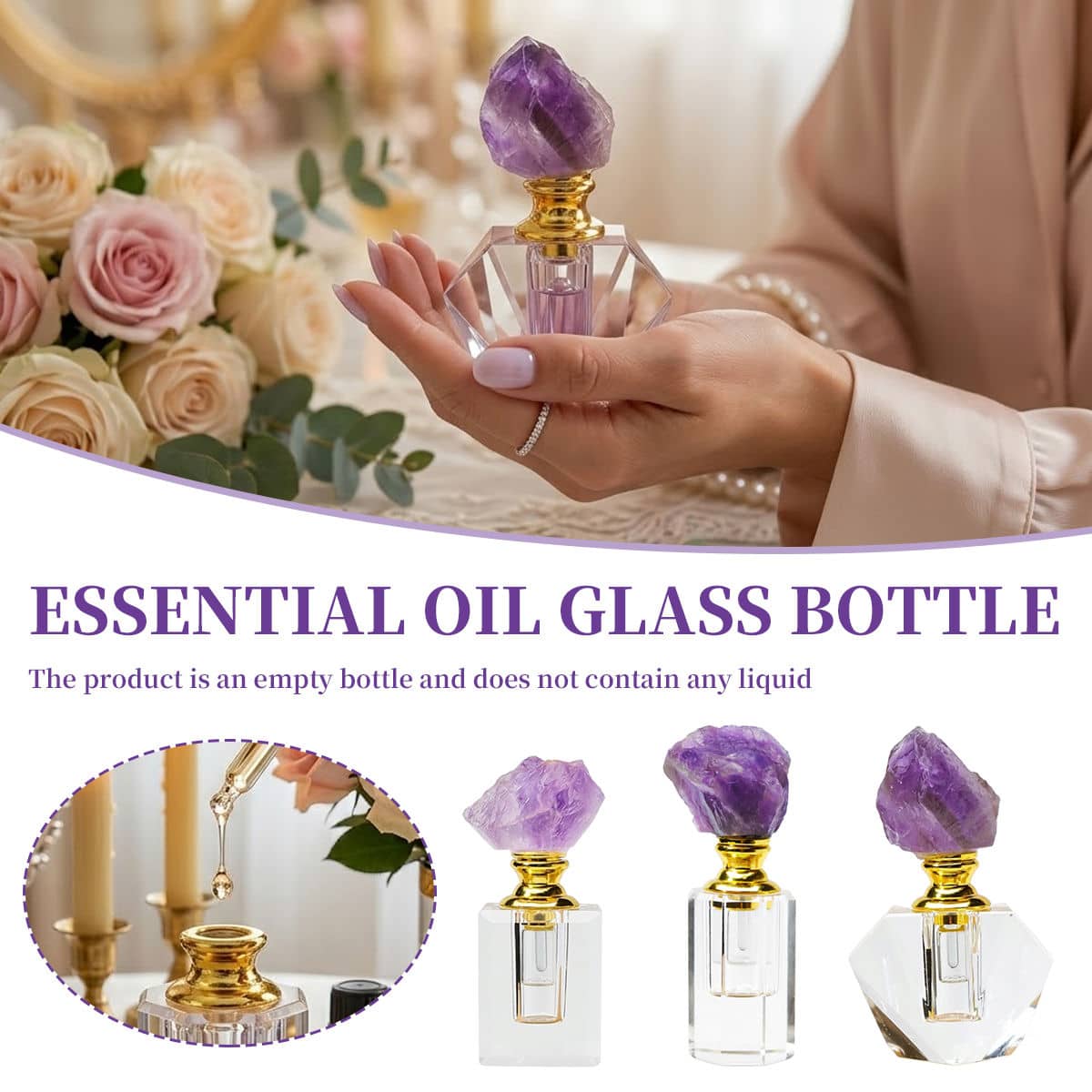 Amethyst Crystal Cap Glass Perfume Bottle, Empty and Refillable - Tall Cylinder Style - view 2