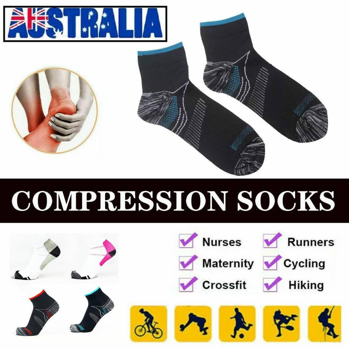 Ankle Compression Socks, 1 Pair, S/M - Black and Blue - view 2