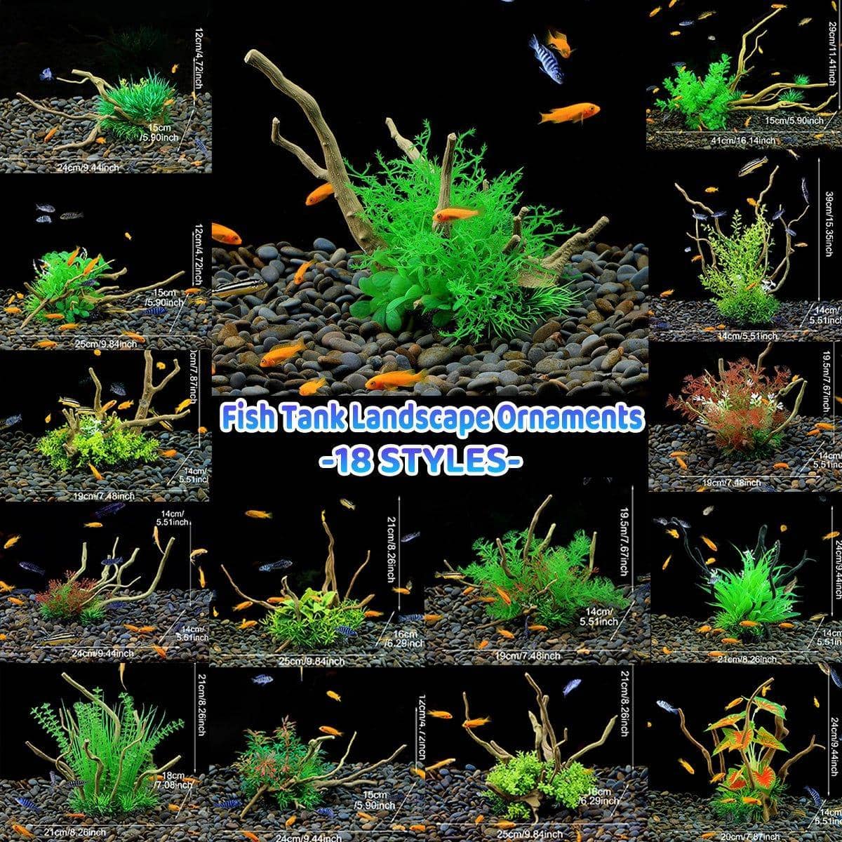 Aquarium Decoration Set with Artificial Wood and Plants - CM2405-Green - view 2