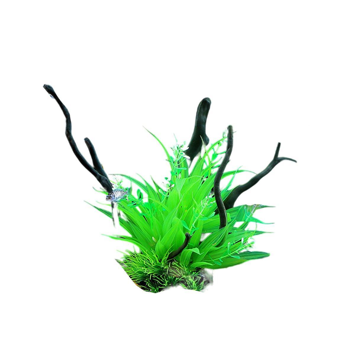 Aquarium Decoration Set with Artificial Wood and Plants - CM3302-Green