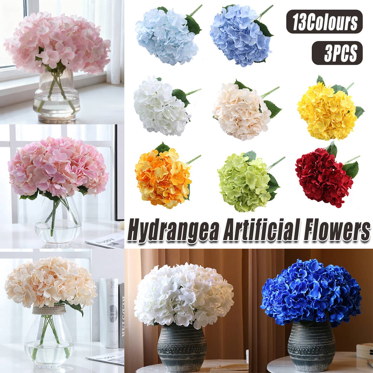 Artificial Hydrangea Bouquets, Pack of 3 - Blue - view 2