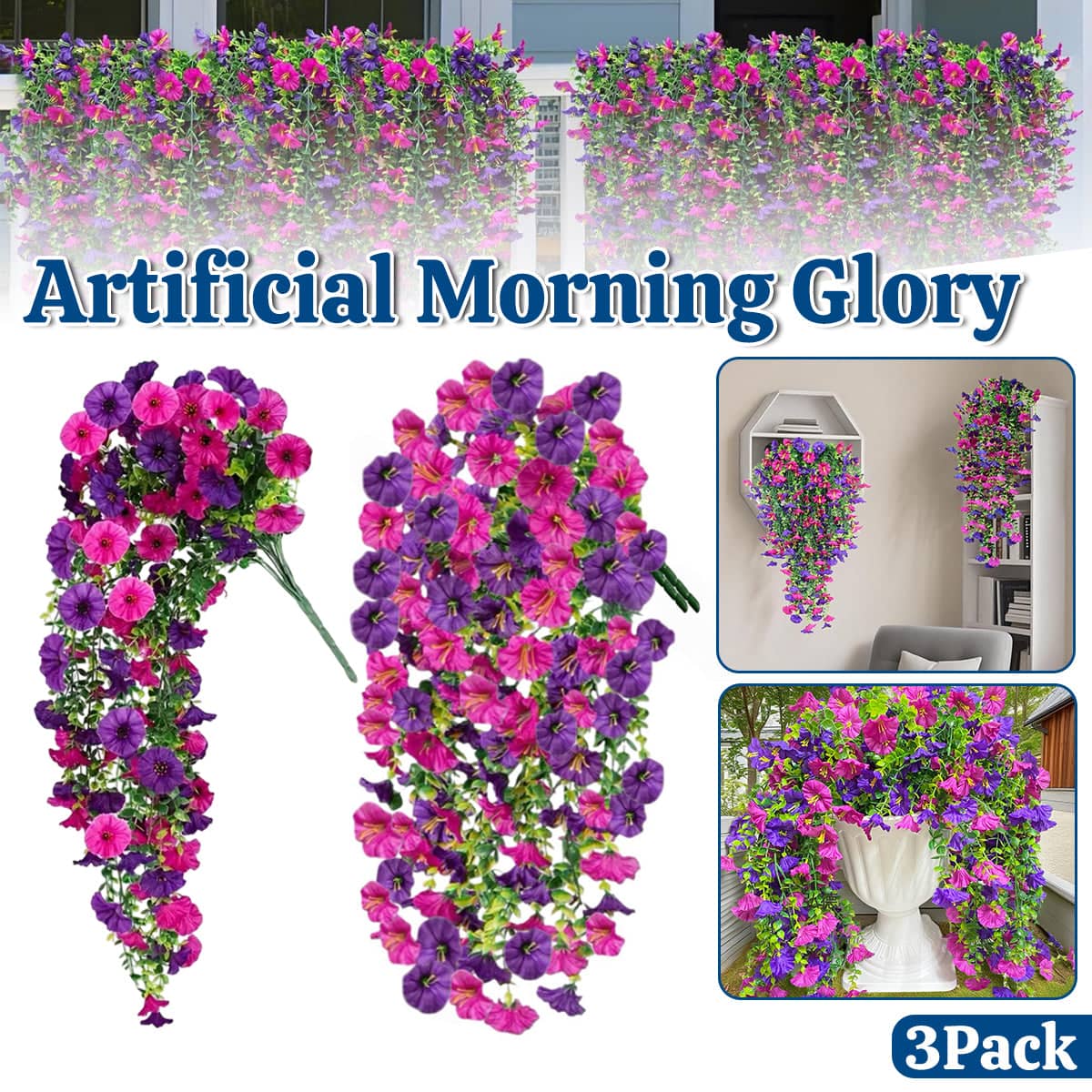 Artificial Morning Glory Vine Hanging Wall Decoration Set of 3 for Garden Decor