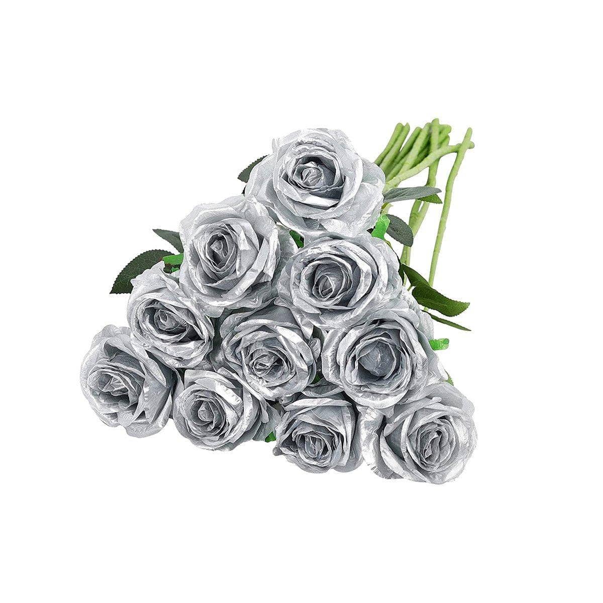 Artificial Silk Rose Flowers - Silver, Pack of 10