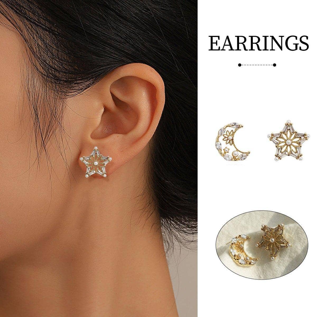 Asymmetric Star and Moon Earrings for Girls - Micro-Inlaid Crystal Jewellery