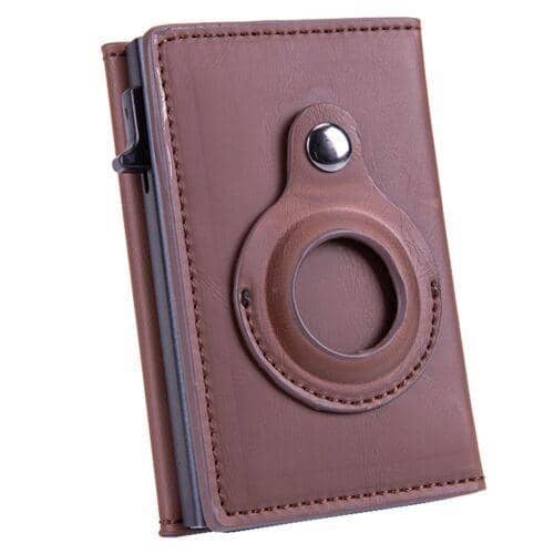 Automatic Faux Leather Card Holder Wallet for AirTag - Coffee Brown