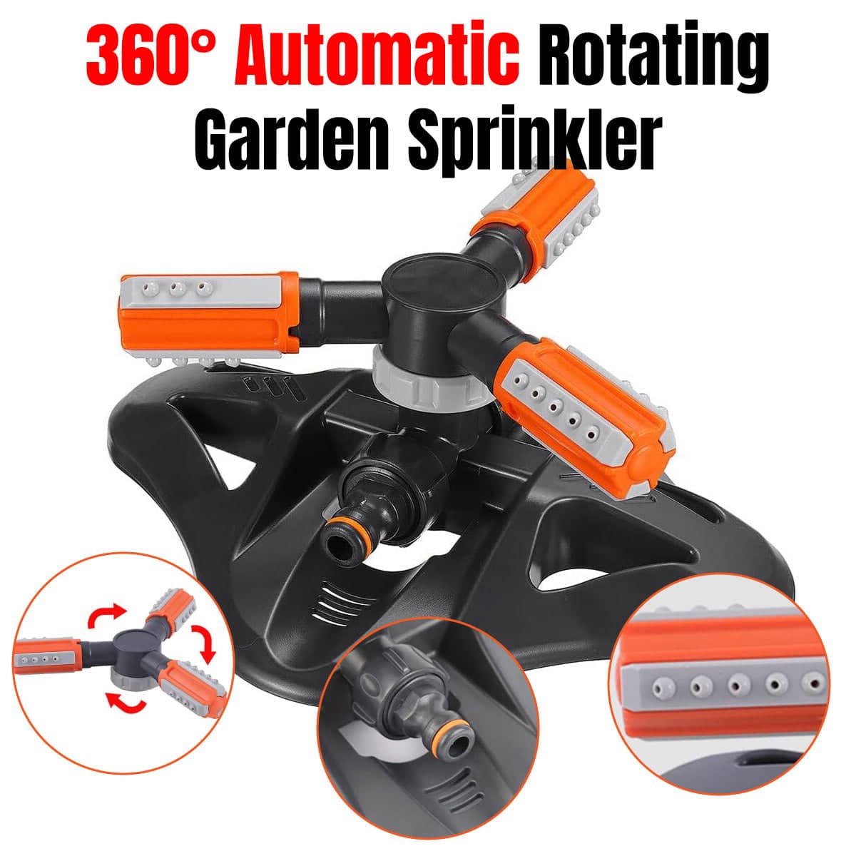 Automatic Rotating Garden Sprinkler with Three Arms, 360 Degree