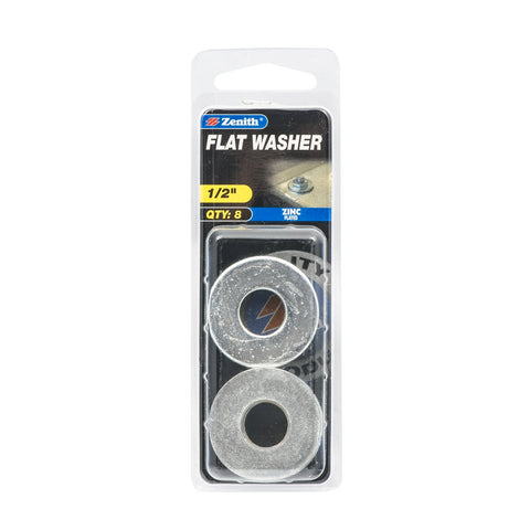 Zenith 1/2" Zinc Plated Steel Flat Washers - 8 Pack