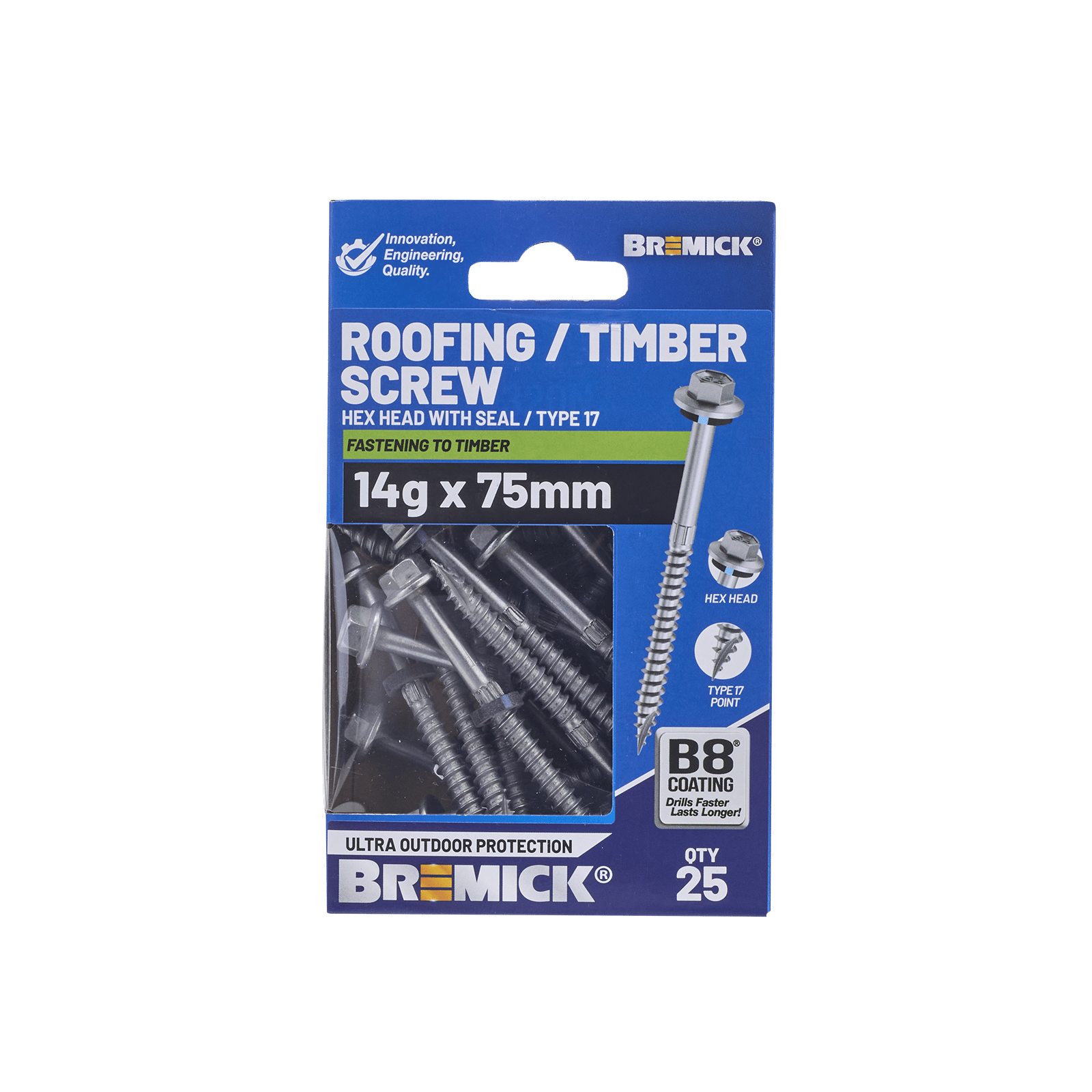 Bremick 14G x 75mm Roofing/Timber Hex Screw with Seal, Type 17 Coarse Thread - 25 Pack