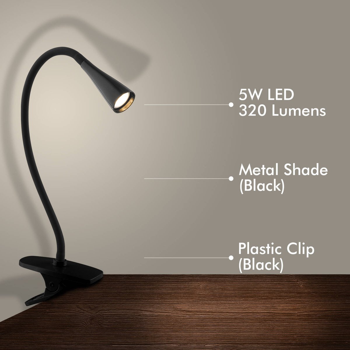 Verve Design Dale 23.5cm 5W Black LED Adjustable Clip Lamp ATL103