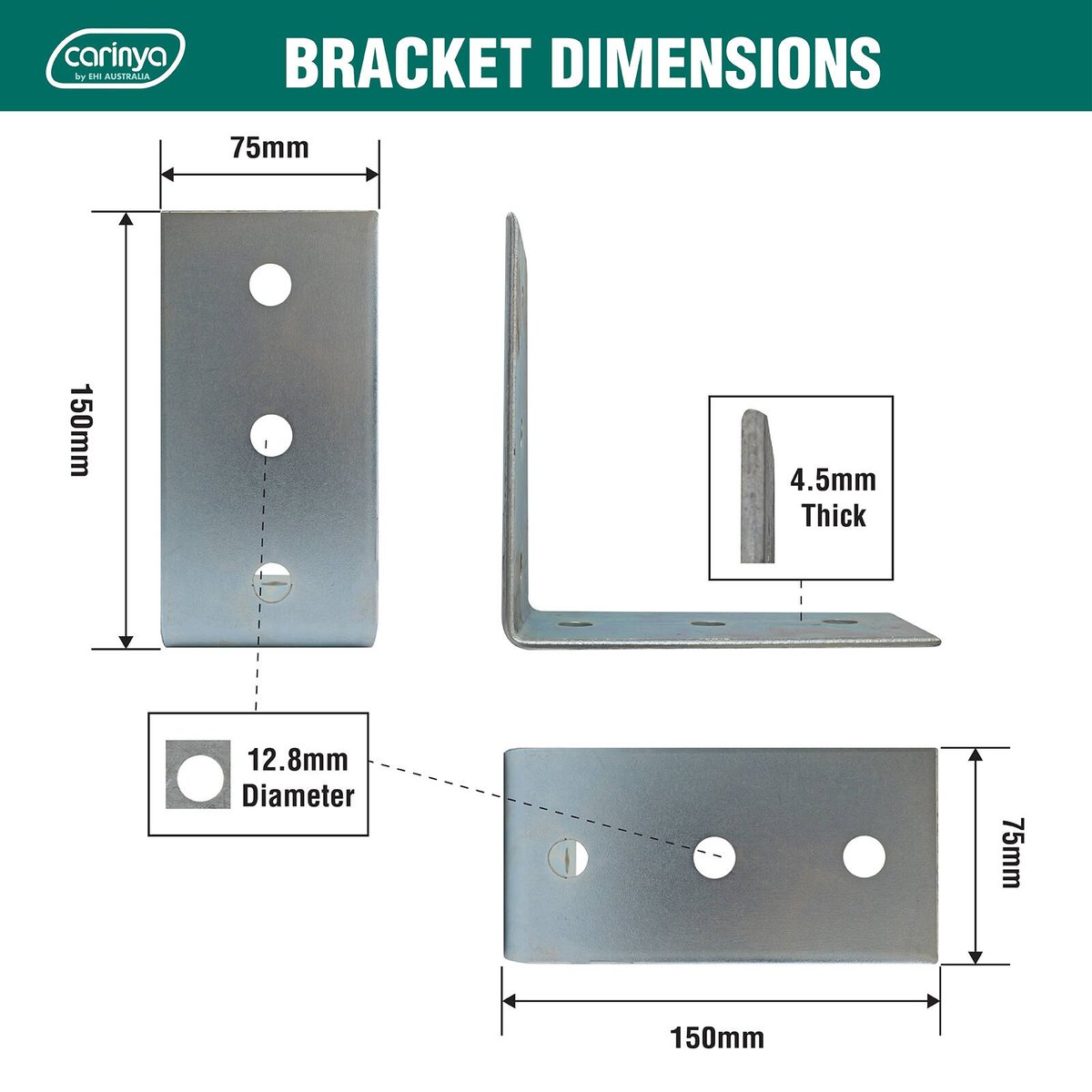 Carinya 150 x 150 x 75 x 4.5mm Zinc Plated Steel Reinforcing Angle Bracket