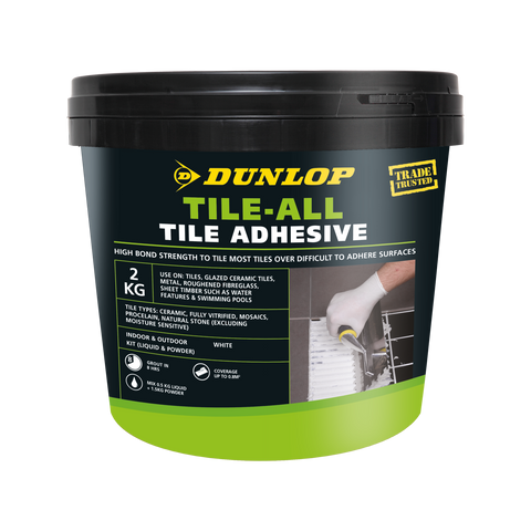 Dunlop 2kg Tile-All White Copolymer Tile Adhesive Indoor Outdoor